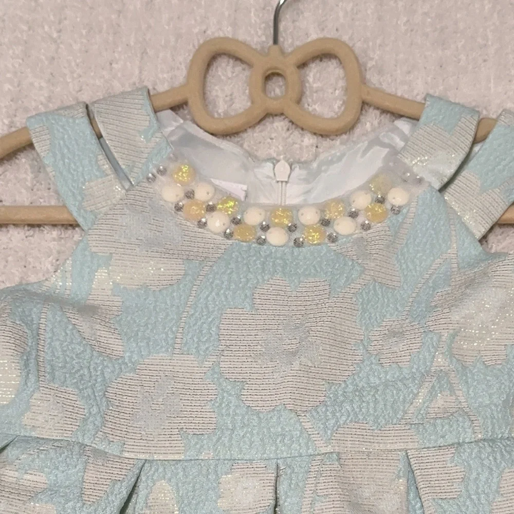 Bonnie Jean Toddler Girls Aqua Floral Jacquard Dress with Pearl Accents